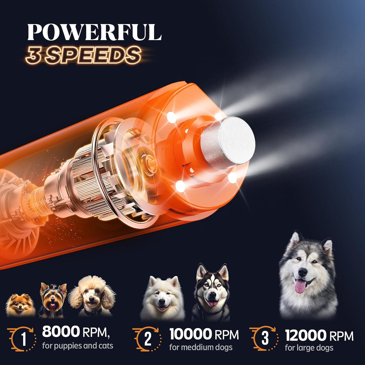 4-Lights Dog Nail Grinder, Easy Quick Locate Dog Nail Trimmers, for Puppy Paw Toenails or Pets from Small, Medium to Large, with Travel Lock, Whisper Quiet, Heavy Duty 3 Speeds
