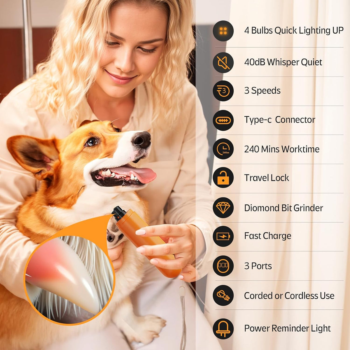 4-Lights Dog Nail Grinder, Easy Quick Locate Dog Nail Trimmers, for Puppy Paw Toenails or Pets from Small, Medium to Large, with Travel Lock, Whisper Quiet, Heavy Duty 3 Speeds