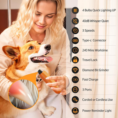 4-Lights Dog Nail Grinder, Easy Quick Locate Dog Nail Trimmers, for Puppy Paw Toenails or Pets from Small, Medium to Large, with Travel Lock, Whisper Quiet, Heavy Duty 3 Speeds